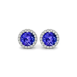  Tanzanite and White Topaz Halo Stud Earrings 925 Stamped Sterling Silver  - Picture 1 of 3