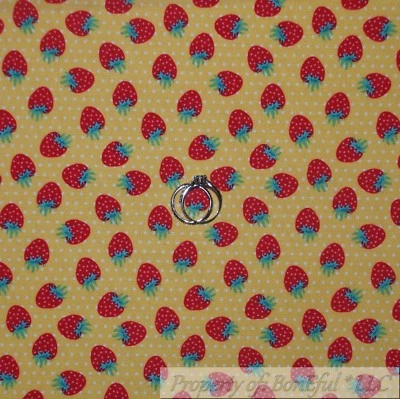 BonEful Fabric FQ Cotton Quilt Yellow White Polka Dot Small Red Strawberry Print - Image 1 of 4