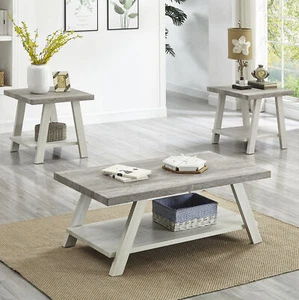 Athens Contemporary 3-Piece Wood Shelf Coffee Table Set in Weathered Gray and Be - Picture 1 of 7