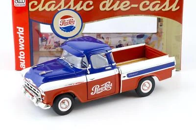 1:18 Auto World 1957 Chevrolet Chevy Cameo Pick-Up Pepsi Cola Blu / Bianco/Red - Immagine 1 di 4