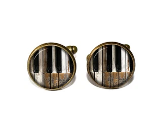 Rustic Piano Music Lovers Musician Handmade Round Glass Cufflinks Groom Gift - Picture 1 of 7