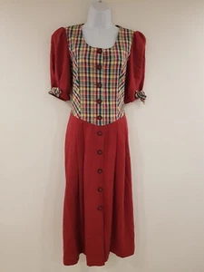 Vintage Dress Red Midi Check Size 12 Retro Dirndl Pockets Button Front Country - Picture 1 of 13