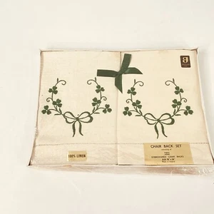 Vintage Irish Linen Embroidered Set Of 2 Chair Backs NIB Ireland 16 In X 24 In - Picture 1 of 9