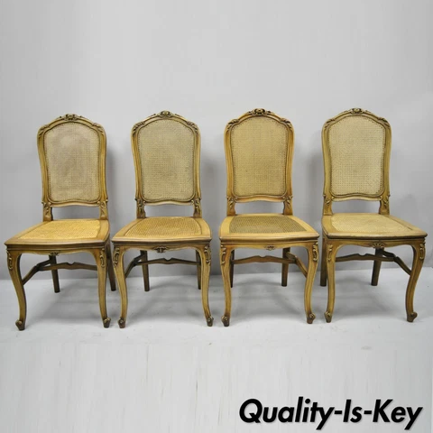4 Antique French Provincial Louis XV Style Carved Walnut & Cane Dining Chairs Cover