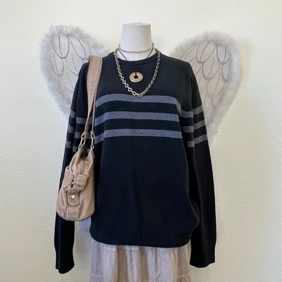 Suéter Indie Skater Grunge Y2K Negro Gris Rayas Manga Larga Cuello Redondo Emo Foto 1 de 4