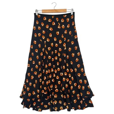 Falda midi boho Diane Von Furstenberg para mujer mediana negra seda floral volantes Foto 1 de 4