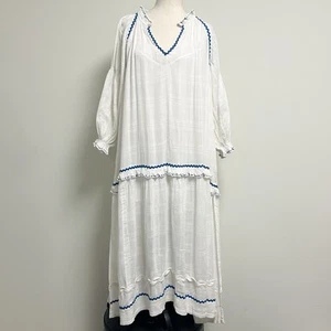 Maxi Vestido Free People Blanco Azul Tejido Thank Me Later Manga Larga Abullonada en Niveles - Imagen 1 de 13