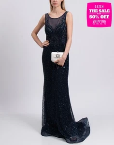 RRP€657 LA LUIGI AULETTA Tulle Column Gown IT48 US12 XXL Embellished Trail Back - Picture 1 of 11