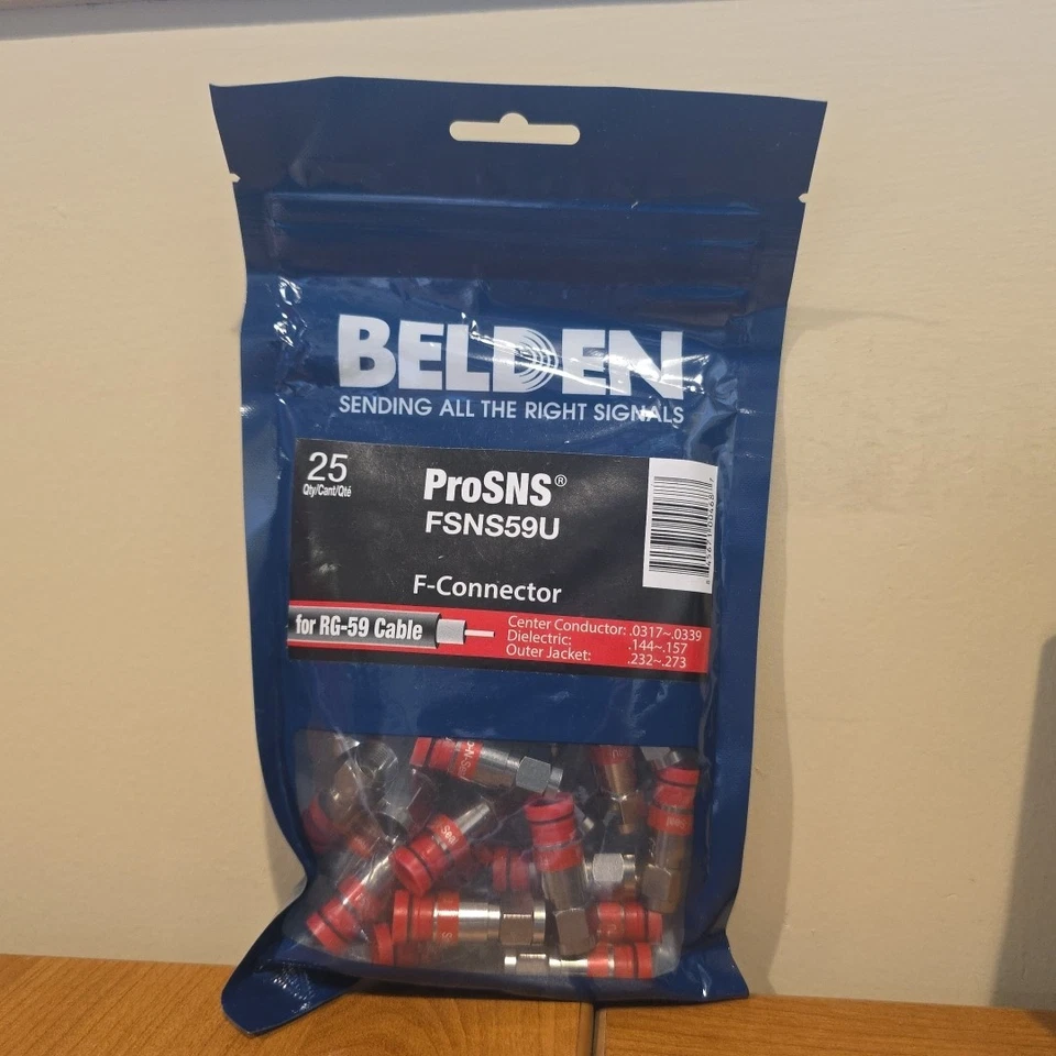 Bolsa de 25 conectores Belden ProSNS FSNS59U F para cable RG-59 nuevo sellado Foto 1 de 1