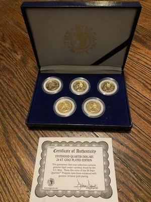 USA 2000 STATE QUARTERS GOLD PLATED 5 COIN SET   - boxed/coa - Image 1 of 2