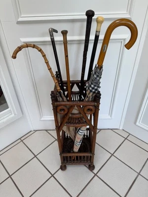 ANTIQUE VICTORIAN OAK BALL & STICK UMBRELLA/WALKING STICK STAND MARKED 1892 - Image 1 of 4