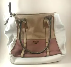Guess Pink Tan White Tote Style Shoulder Bag Leather Purse - Picture 1 of 8