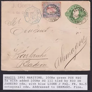 1892 Brasilien / Maritim; aufgewerteter Ganzsachenumschlag, Rio de Janeiro nach Deutschland - Bild 1 von 5