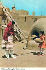 VINTAGE CONTINENTAL SIZE POSTCARD MOTHER AND DAUGHTER BAKING BREAD ADOBE MUD