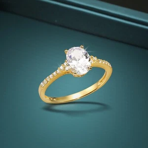 Anillo de compromiso ovalado solitario de oro amarillo liso real de 14 K de 1,50 quilates - Imagen 1 de 13