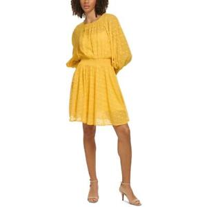 Tommy Hilfiger Womens Yellow Chiffon Smocked Fit & Flare Dress 12 BHFO 7486