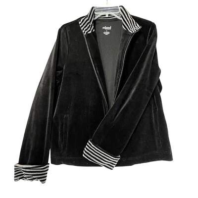Relaxed By Charter Club Black Velvet Zip Jacket Velour Striped Collar Cuffs L - Image 1 of 4
