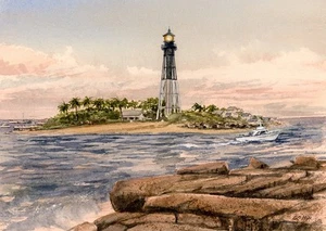 Faro de entrada Hillsboro Florida amanecer. Impresiones artísticas en acuarela de Gerald C. Hill - Imagen 1 de 2