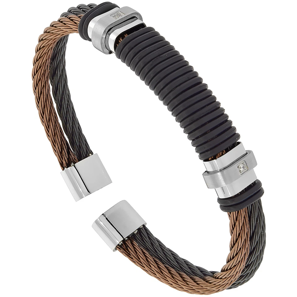 Stainless Steel Brown & Black Twisted Cuff Bracelet w/ Black Rubber Center & CZ - Image 1 of 1