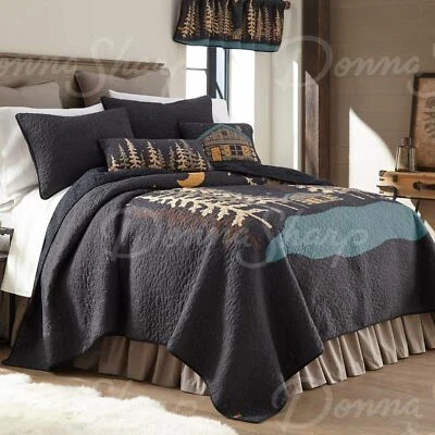 Donna Sharp Moonlit Cabin Cotton King Quilt Lodge Rustic Country Trees Bedding - Image 1 of 4