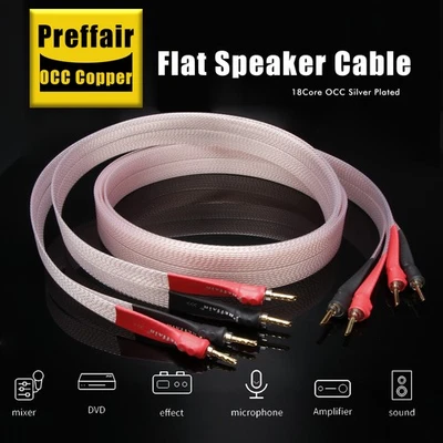 Pair OCC Silver Plated Audio Speaker Cable PTEE Ribbon Flat Interconnect Wire - Image 1 of 4