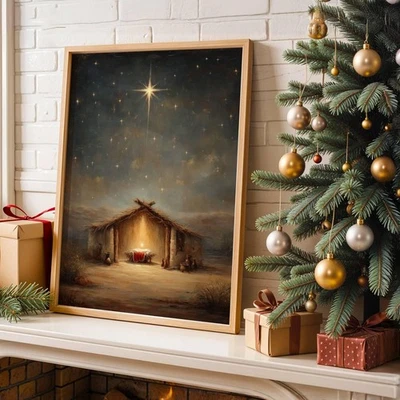 Impresión de Belén Vintage | Arte Estrella de Noche Santa | Decoración Cristiana Rústica Foto 1 de 4