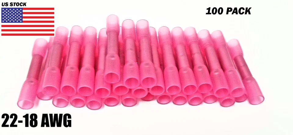 ACDC WIRE AND SUPPLY 100Pcs Heat Shrink Butt Tube Splice Connector 22-18GA Gauge PINK Wire Terminal