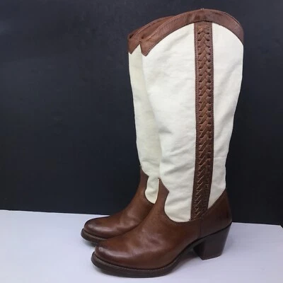 Botas occidentales Frye Jane trenzadas de cuero tostado de lona para mujer talla 6B 77225 Foto 1 de 4