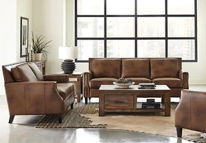 NEW Modern Living Room Furniture - Genuine Brown Leather Sofa Loveseat Set IG7R - Picture 1 of 2