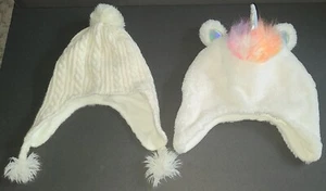lot of 2 girls youth 4T-5T Large white WINTER HATS Rainbow unicorn, knit sweater - Picture 1 of 10