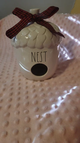 Rae Dunn Artisan Nest Birdhouse Decor Acorn Shape Ceramic Tie Bow Cover