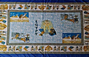 SCARF VINTAGE AUTHENTIC EGYPT ART PHRAONS BLUE WHITE MUSTARD PAREO BEACH - Picture 1 of 7