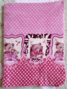 Hot Pink w White Polka Dots and Framed Teddy Bears Baby Girl Blanket EUC