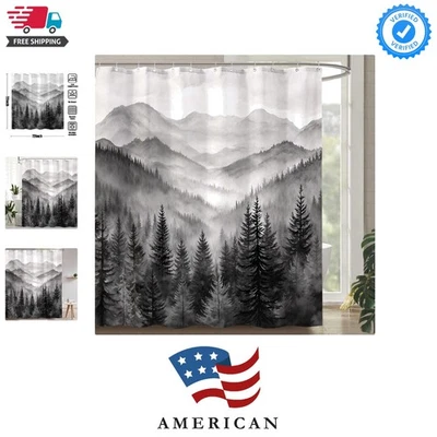 Cortina de chuveiro Forest Mountain preto e branco natureza chuveiro de pinheiro enevoado... - Imagem 1 de 4