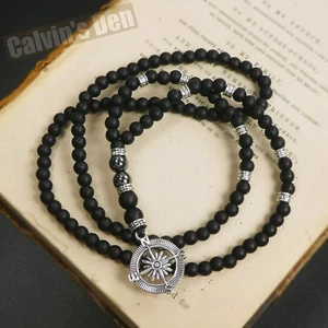 Compass Pendant Matte Black Obsidian Polished Black Onyx Bead Necklace Men Gift - Picture 1 of 9