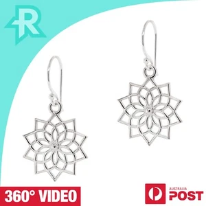 Open Lotus Flower Mandala Sterling Silver 925 Hook Earrings - Picture 1 of 6