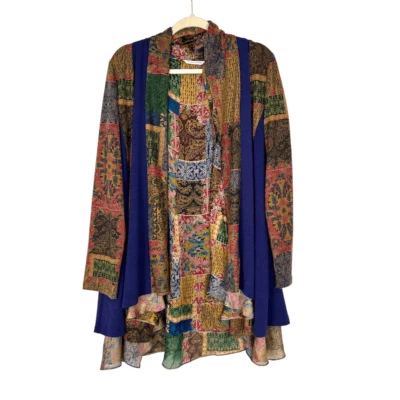 Suéter Soft Surroundings XL Patchwork Azul Amarillo Izmur Topper Paisley Cárdigan Foto 1 de 4