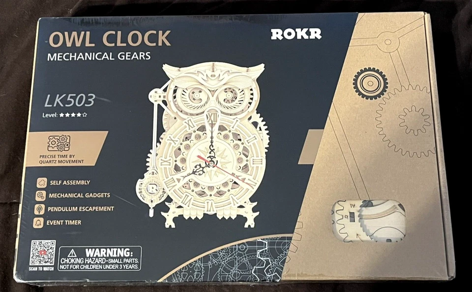 ROKR Owl Clock Mechanical Gears 3d Wooden Puzzle Kit LK503