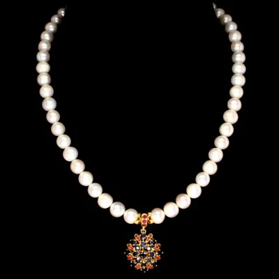 GENUINE 7-10 MM White Pearl,1- 4 MM Ruby, Sapphire,925 Sterling Silver Necklace - Image 1 of 4