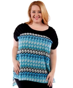 Nueva blusa de gasa de manga corta de manga corta para mujer talla grande azul agua y negra talla 1X 2X - Imagen 1 de 2