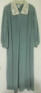 Bata larga vintage de terciopelo verde azulado con cuello de encaje - talla pequeña para mujer - Imagen 1 de 7