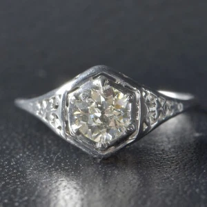 Vintage Round  0.67 Ct White Diamond Solitaire Engagement 14k White Gold Ring  - Picture 1 of 6