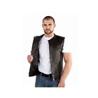 Men's Black Leather Soa Vest Motorcycle Concealed Club 1/2" Collar Waistcoat