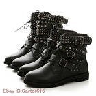 Womens Punk Motor Gothic Buckle Lace Up Ankle Boots Rivet Studded Combat Shoes