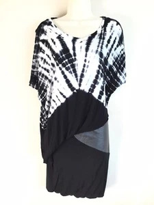 YOUNG FABULOUS & BROKE Black White Tie Dye Dolman Sleeve Soft Knit/Leather Dress - Picture 1 of 9