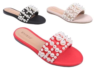 Bamboo Slip-on with Faux Pearl Jewel Open Toe Sandals Womens Flip-Flop Flats - Picture 1 of 19