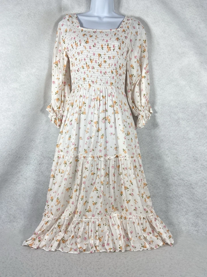 Jessakae Dress Women’s Small White Orange Tiered Long Sleeves Smocked Floral - Image 1 of 4