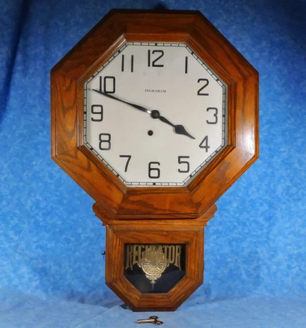 Antique INGRAHAM 'BEDFORD' Octagon Oak Short Drop Regulator Clock, 8 Day-Strong Cover