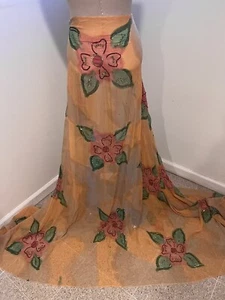 Peach Pink Green Chiffon W/Beads Sequins Fabric 50” Width Sold By The Yard - Picture 1 of 6