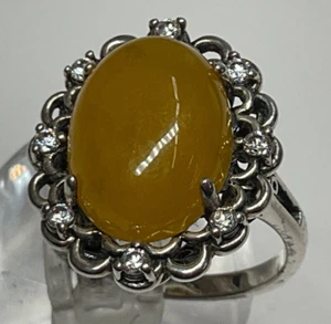 Joy Jade of Yesteryear Sterling Butterscotch Jade Ring w/ CZ Sz-7 #91 - Picture 1 of 3